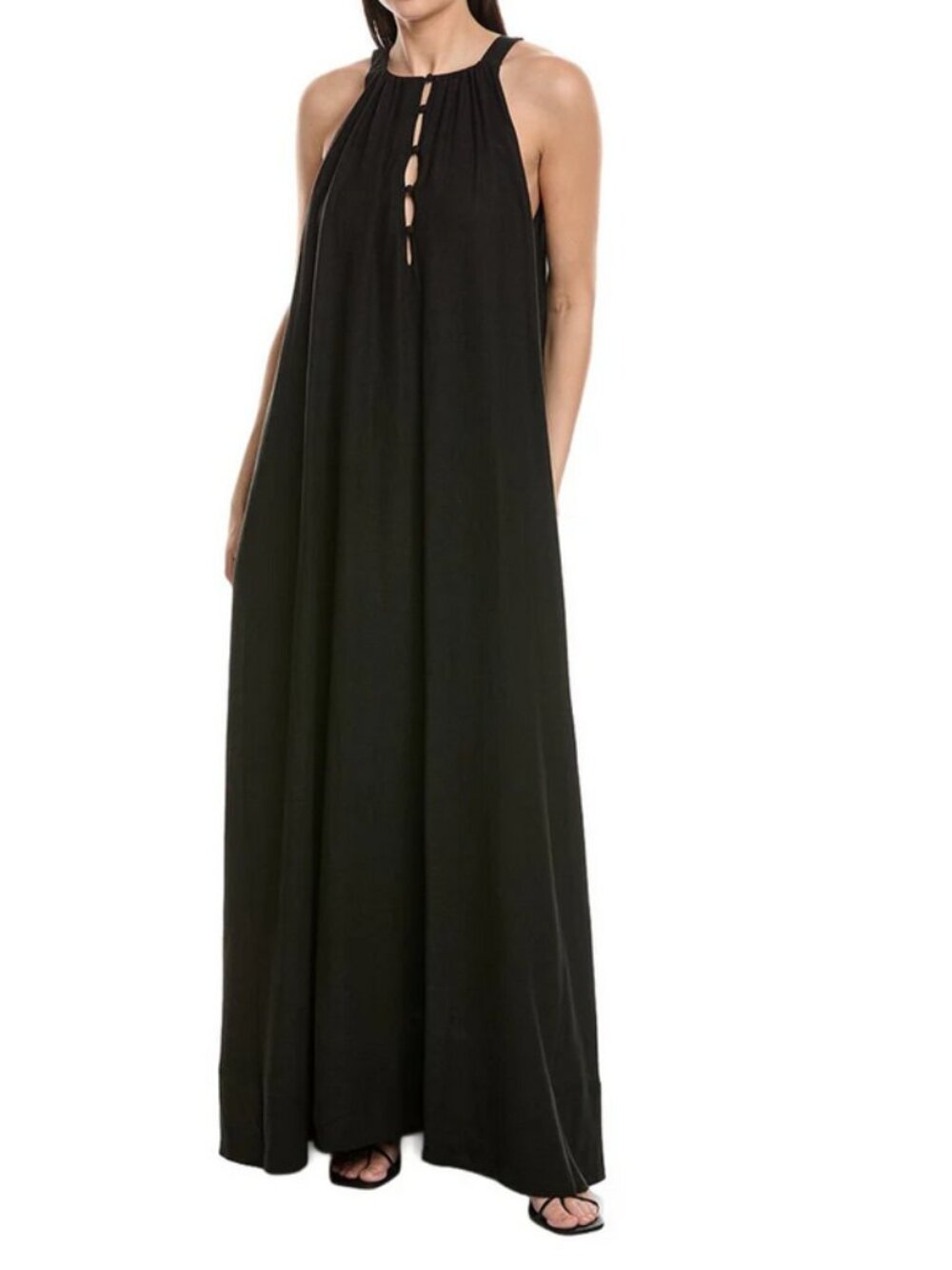 New! WeWoreWhat Flowy A-Line Linen Blend Black Maxi Dress Keyhole Button Small